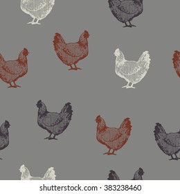 hand drawn chicken seamless pattern in vintage style