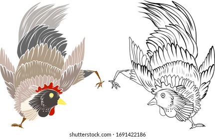 Hand drawn chicken in thai art style for wallpaper, Thai hen vector.Thai fighting cock isolate.