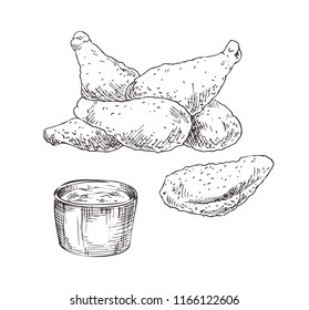 Hand drawn chicken wings vector monochrome illustration. Fast food badge sketch style for brochures and banner restaurant menu and cafe cover template