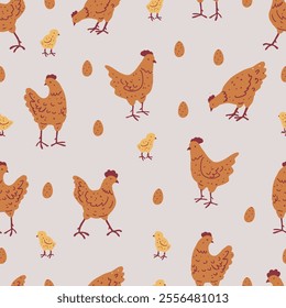 Hand Drawn Chickens, Chicks, and Eggs. Brown Birds on Light Grey Background. Easter Seamless Pattern with Poultry. 