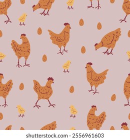 Hand Drawn Chickens, Chicks, and Eggs. Brown Birds on Grey Background. Easter Seamless Pattern with Poultry. 