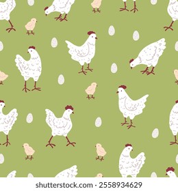 Hand Drawn Chickens, Chicks, and Eggs. Farm Birds on Green Background. Easter Seamless Pattern with Poultry. 
