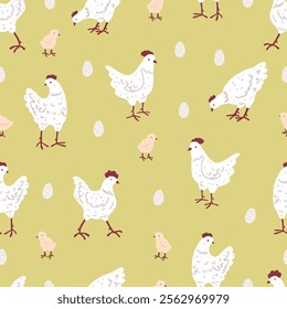 Hand Drawn Chickens, Chicks, and Eggs. Farm Birds on Lght Green Background. Easter Seamless Pattern with Poultry. 