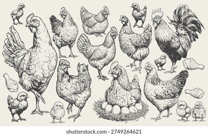Hand drawn chickens, hens, chicks, and eggs illustrated in detailed vintage line art style. The artwork shows various poultry poses and farm elements, suitable for agriculture design, poultry farming graphics, food production visuals, and rural branding.