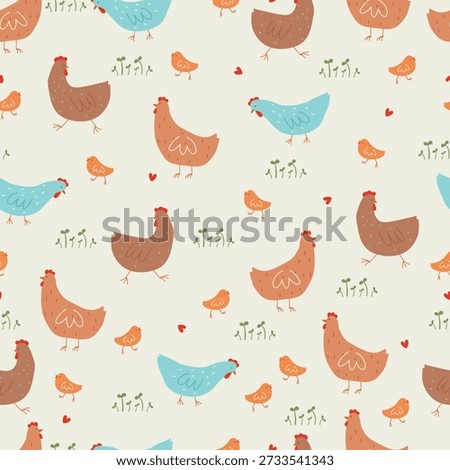 Hand drawn chickens, little chick, red hearts and plant. Vector illustration with farm animals and heart for wrapping paper, fabric, card.