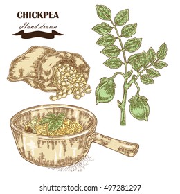 Hand drawn chickpea plant. Seeds, chickpea soup and sack with pea. Vector illustration