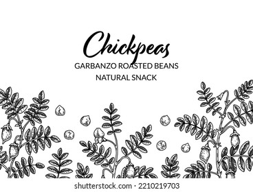 Handgezeichnete Kichererbsen, Botanik-Hintergrund. Vektorgrafik im Skizzenstil. Verpackungsdesign