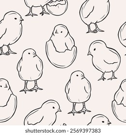 Hand drawn chicks seamless pattern. Whimsical illustration