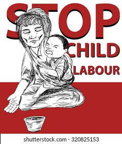 hand drawn child beggar vector,sad child beggar,stop child labour