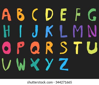 Hand drawn child English alphabet Color Bold. Vector illustration.