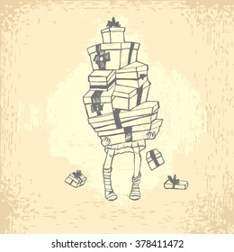Hand drawn child hand holding many gift boxes. Happy child. Vector stock illustration.