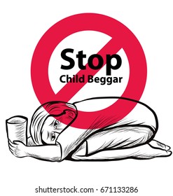 Hand drawn Child lake a freedom they need education,red symbol stop child beggar vector,sad child beggar