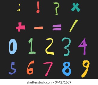Hand Drawn Child Numbers and Basic Math Signs Color Bold, Vector Illustration