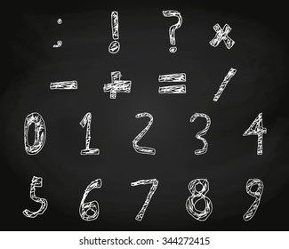 Hand Drawn Child Numbers and Basic Math Signs chalk on school board, Vector Illustration