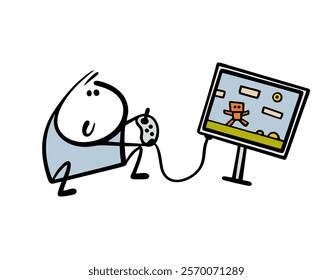 Hand drawn child is playing  retro computer game on  TV. Vector illustration of nostalgia for childhood. Funny boy controls the joystick. Isolated sitting cartoon character on white background.