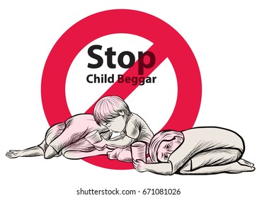 Hand drawn child poverty vector illustration.child beggar vector,sad child beggar,stop child labour