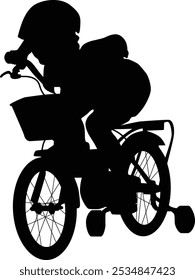 Hand drawn child riding a bike silhouette illustration