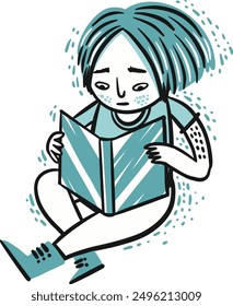 Hand Drawn child sad reading a book