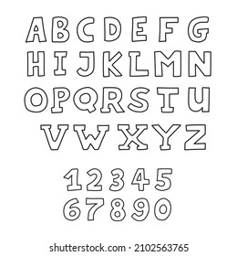 Hand drawn childish and cartoon alphabet and numbers in doodle style isolated.