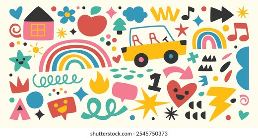 Hand Drawn Childish Characters And Objects