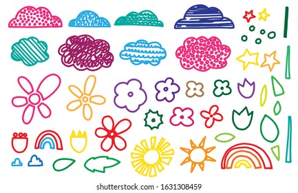 Hand drawn childish colorful elements set. Kids drawing clouds, flowers, sun and stars