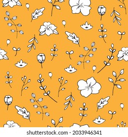 Hand drawn childish creative and cute flowers, berries and leaves seamless pattern for background, fabric, wrapping paper. Vector illustration of nature flat spring flower motif.