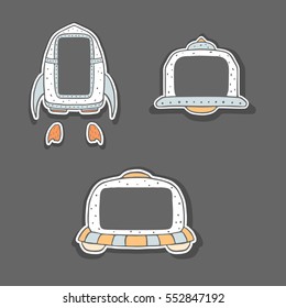 Hand drawn childish frames - spaceship and UFO. Cute sweet doodle style spacecrafts. Colorful sketchy illustration for kids