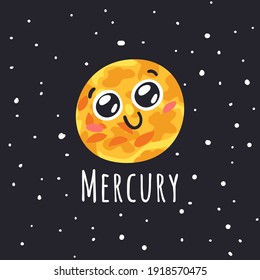 Hand Drawn Childish Illustration Cosmos. Vector Drawing Planet in Space. Cartoon Solar System object Mercury