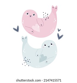 Hand drawn childish illustration of cute seals in soft colors for nursery, cloth prints, decorations