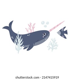 Hand drawn childish illustration of cute narwhale and fish in soft colors for nursery, cloth prints, decorations