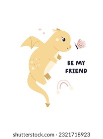 Hand drawn childish illustration of a cute flying dragon and butterfly. Adorable design for posters, nursery decorations, frame art, kids print