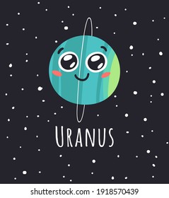 Hand Drawn Childish Illustration Gas Giant in Cosmos. Vector Drawing Planet in Space. Cartoon Solar System object Uranus