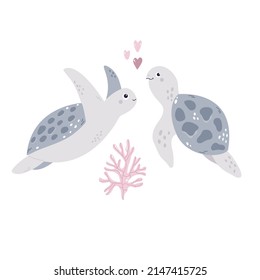 Hand drawn childish illustration of two turtles in soft colors colors for nursery, cloth prints, decorations