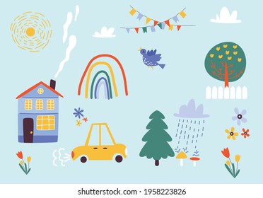 Hand drawn childish painting with house and car, flat vector illustration isolated on blue background. Drawn by child summer day picture in childish style.