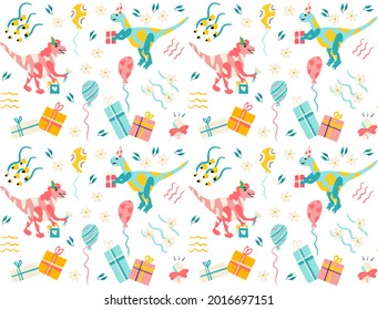 Hand drawn childish pattern of dinos with flowers and gifts. Birthday party with desecration and balloons. Vector colourful illustration isolated on white background.