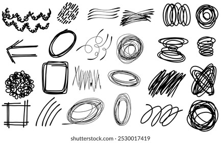Hand drawn childish pen scribble. Hand drawn Simple outlined elements on isolated background. Black and white illustration.