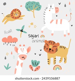 Hand drawn childish safari animal set in boho style, nursery pattern with boho rainbow, cute zebra, lion, tiger, giraffe, tree, cloud suitable for children product design