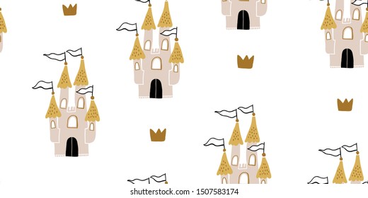 Hand drawn childish seamless pattern with castle and crowns in scandinavian style. Pastel colors. Creative vector childish background for fabric, textile for kids and girls. Kids pattern