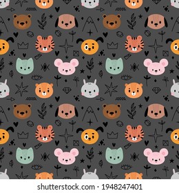 Patrón sin costuras infantil dibujado a mano con animales lindos. Textura de bebé creativa para tela, textil, vivero, ropa. Gato, perro, conejito. Ilustración del vector