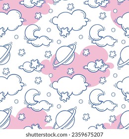 Hand drawn childish seamless pattern with pink clouds and planets on a white background