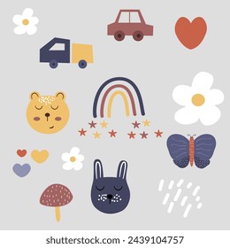 Hand drawn childish set in boho style, nursery pattern with boho rainbow, cars, bunny, bear, love, star, mushroom, flowers, butterfly suitable for children product design 
