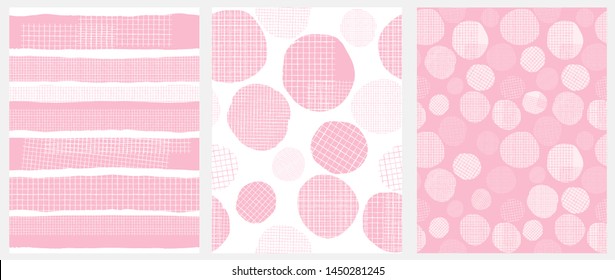 Hand Drawn Childish Style Geometric Vector Patterns. Pink Vertical Stripes and Irregular Big Dots on a White Background. White Grid On a Pink Lines and Spots. Funny Print for Textile, Wrapping Paper.