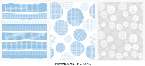 Hand Drawn Childish Style Geometric Vector Patterns. Blue Vertical Stripes and Irregular Big Dots on a White Background. White Grid On a Blue Lines and Spots. Funny Print for Textile, Wrapping Paper.