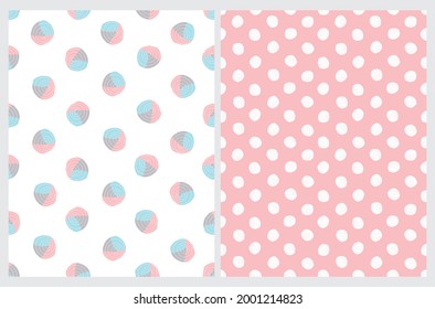 Hand Drawn Childish Style Geometric Vector Patterns.  Irregular Dots Isolated on a White and Light Pink Background. Funny Simple Dotted Print ideal for Textile, Fabric. Freehand Brush Spots.