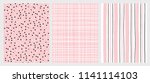 Hand Drawn Childish Style Seamless Vector Pattern. Pink and Black Vertical Stripe on a White Background. White Grid On a Pink Backround. White and Black Dots on a Pink Background. Cute Simple Design.