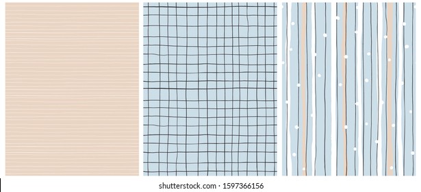 Hand Drawn Childish Style Seamless Vector Patterns. White and Black Vertical Stripes on a Blue Background. Black Grid On a Blue. White Tiny Lines on a Light Beige Layout. Simple Geometric Prints.