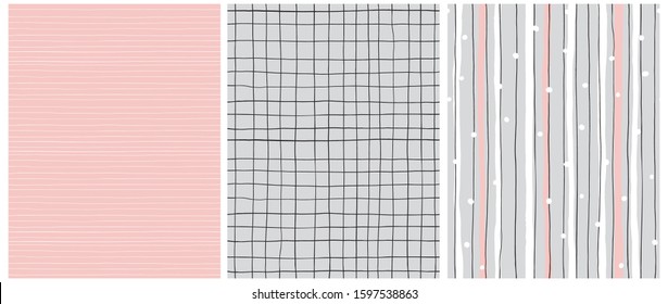 Hand Drawn Childish Style Seamless Vector Patterns. White, Pink and Black Vertical Stripes on a Gray Background. Black Grid On a Gray. White Tiny Lines on a Light Pink Layout. Simple Geometric Prints.