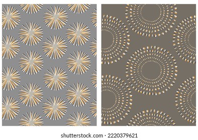 Hand Drawn Childish Style Seamless Vector Pattern Set. Irregular Circles and Stars made of lines and Spots on a Gray Background. Cute Simple Geometric Repeatable Design ideal for Fabric.