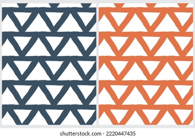 Hand Drawn Childish Style Seamless Vector Pattern Set. Irregular Dark Pale Blue and Orange Triangles on a White Background. Cute Simple Geometric Repeatable Design ideal for Fabric, Textile.