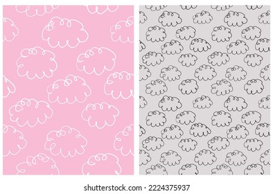 Hand Drawn Childish Style Seamless Vector Pattern Set. Irregular Clouds on a Pastel Pink and Gray Background. Cute Simple Geometric Repeatable Design ideal for Fabric, Textile. Abstract Doodle Print.